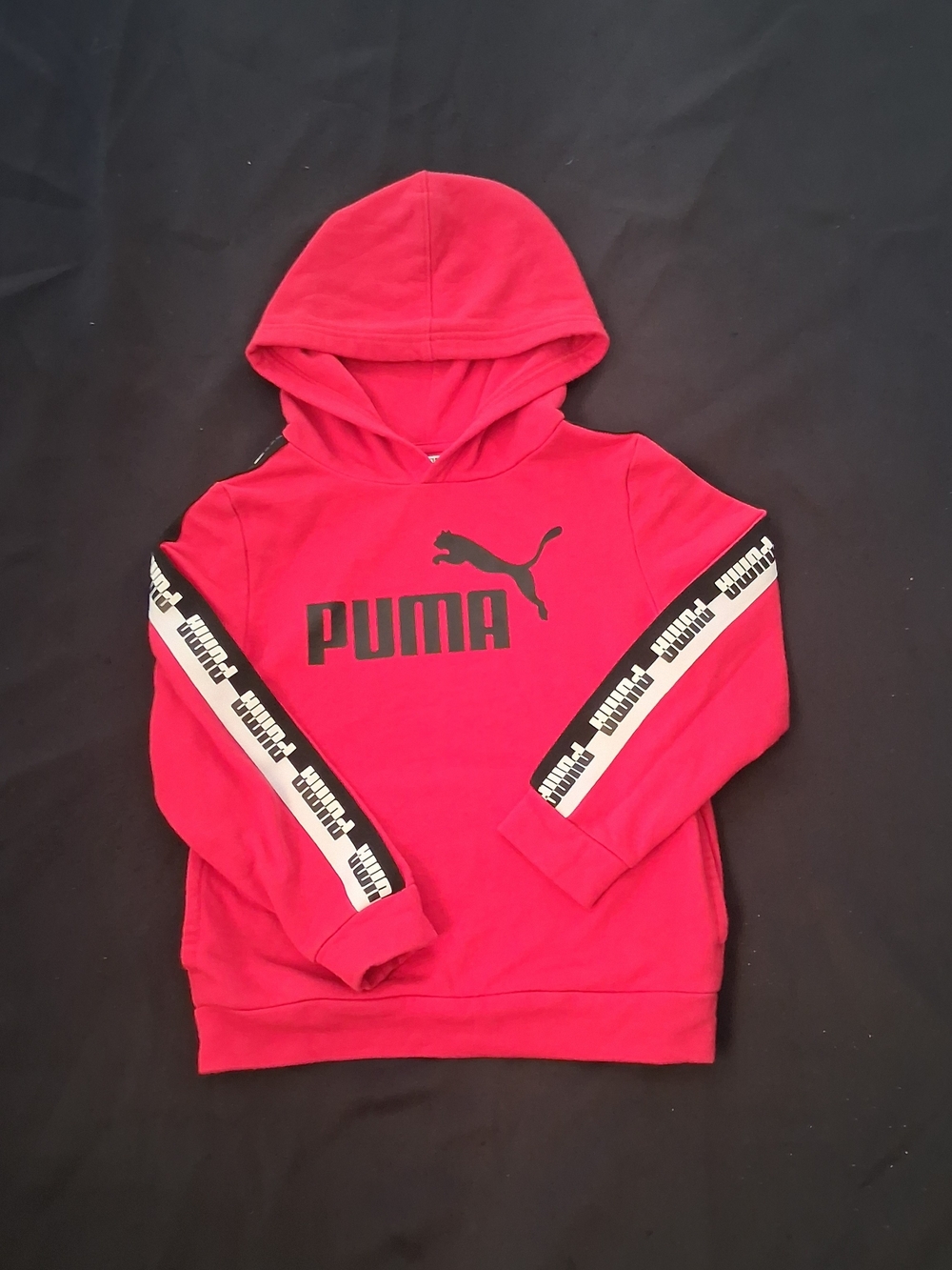 Puma Kids Red Hoodie with Black Logo and White Sleeve Tape